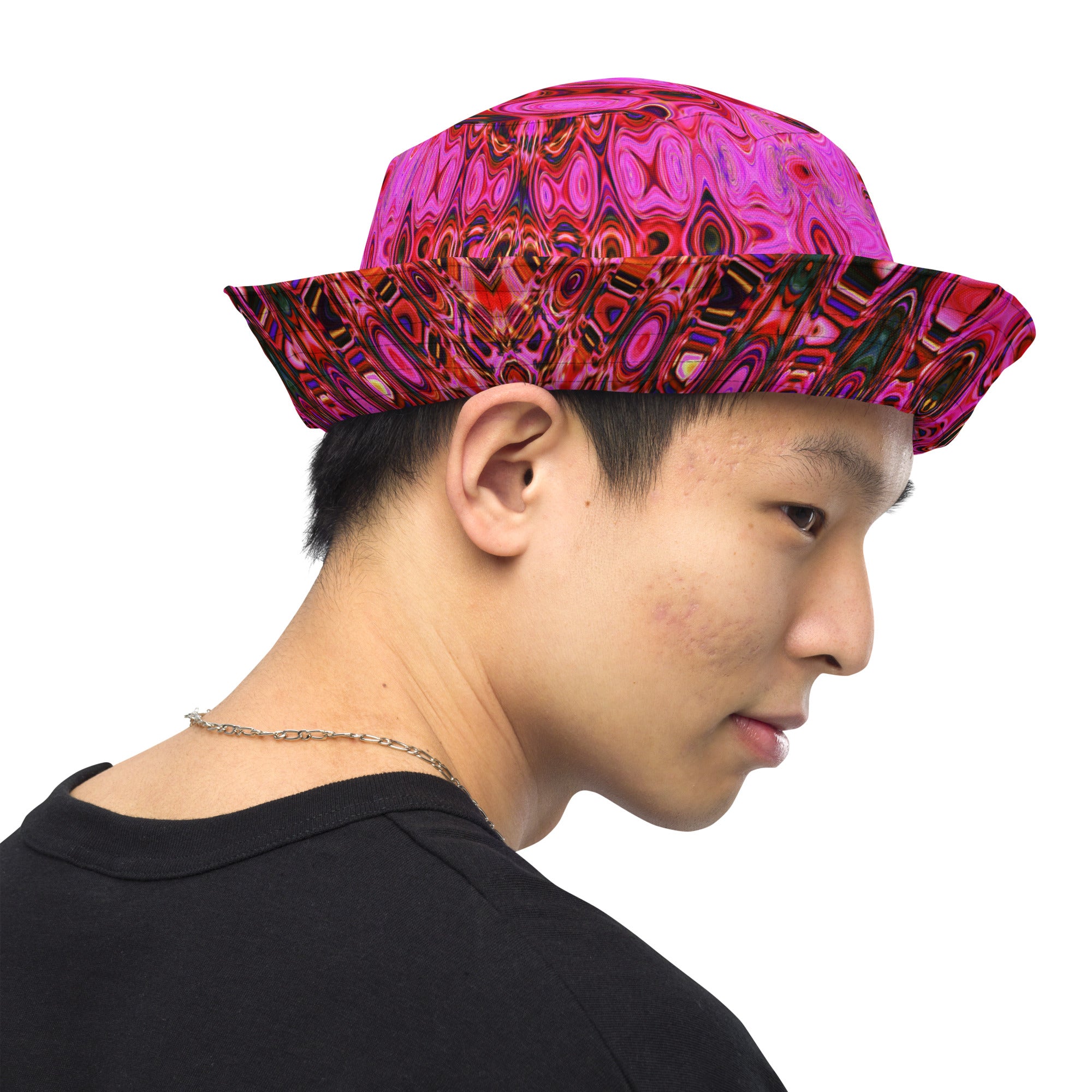 Reversible Bucket Hat | Cool Abstract Pink and Black Atomic Retro Zigzags