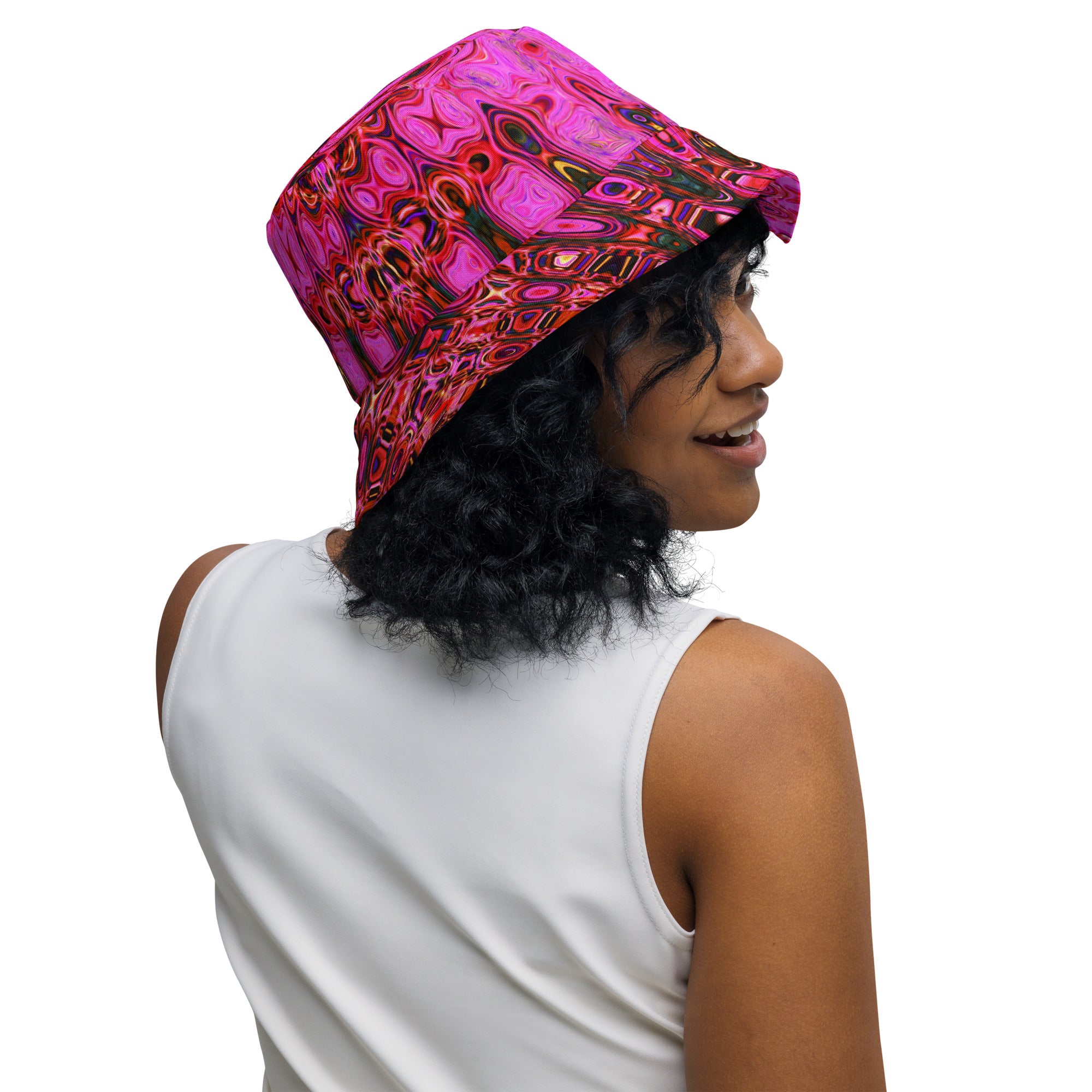 Reversible Bucket Hat | Cool Abstract Pink and Black Atomic Retro Zigzags