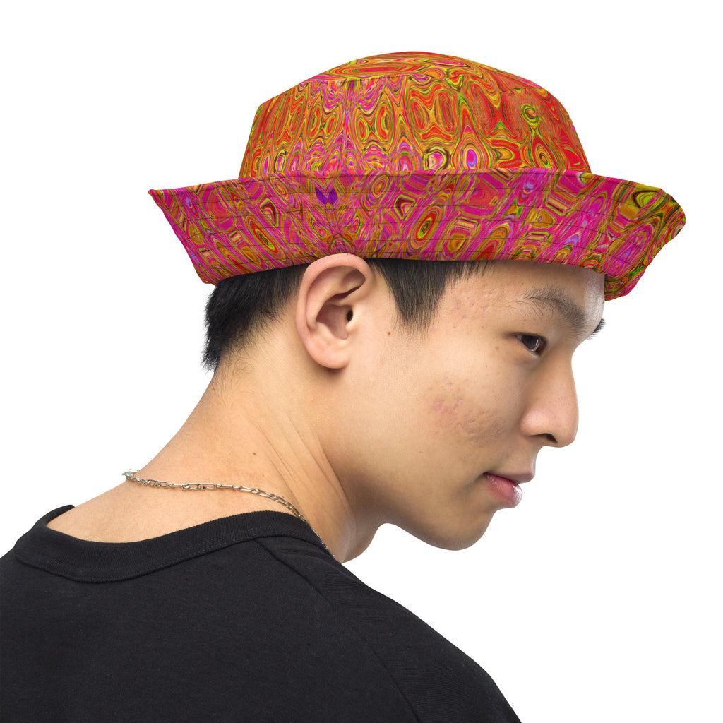 Reversible Bucket Hat | Cool Abstract Red and Yellow Atomic Retro Zigzags