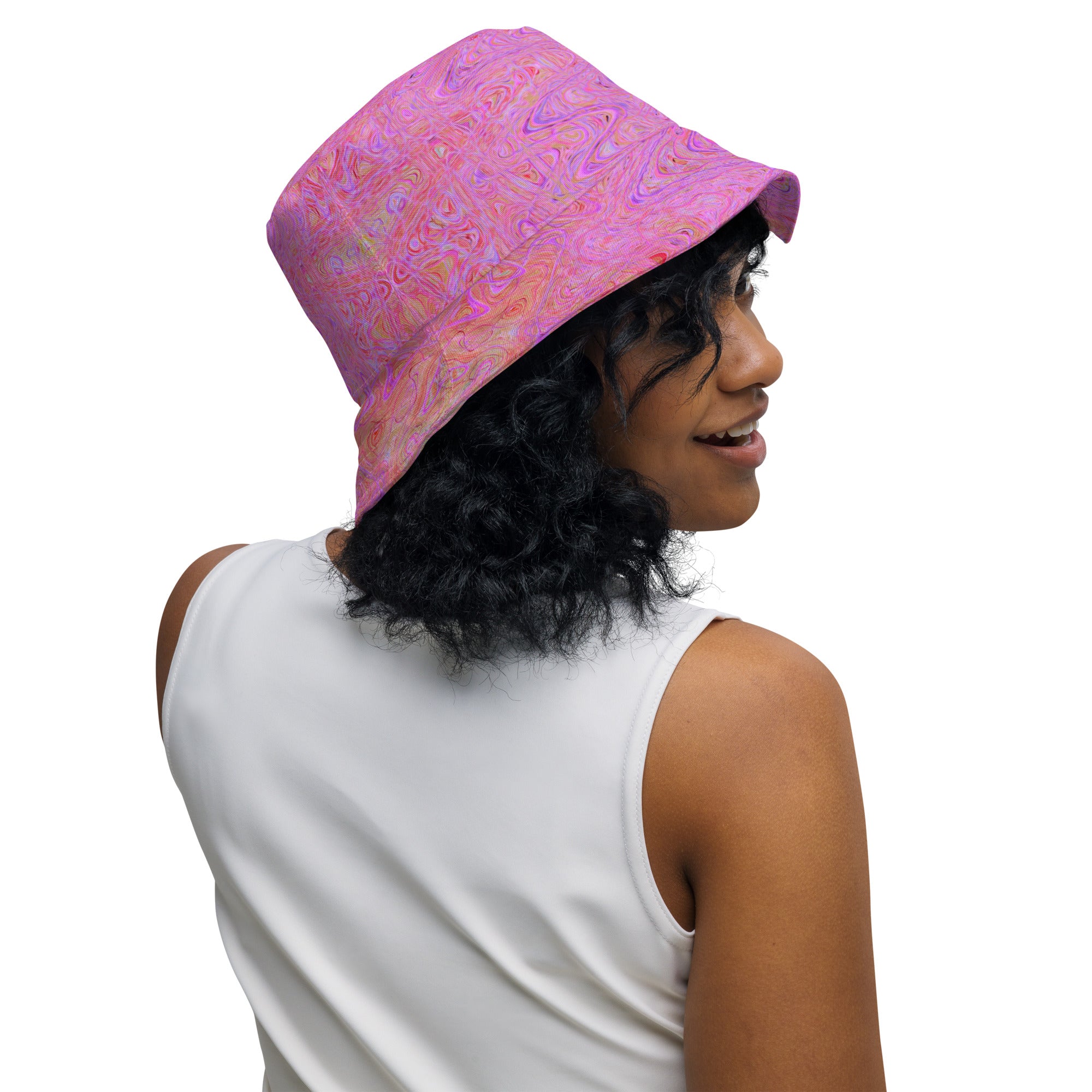 Reversible Bucket Hat | Retro Abstract Pink and Orange Squiggly Lines
