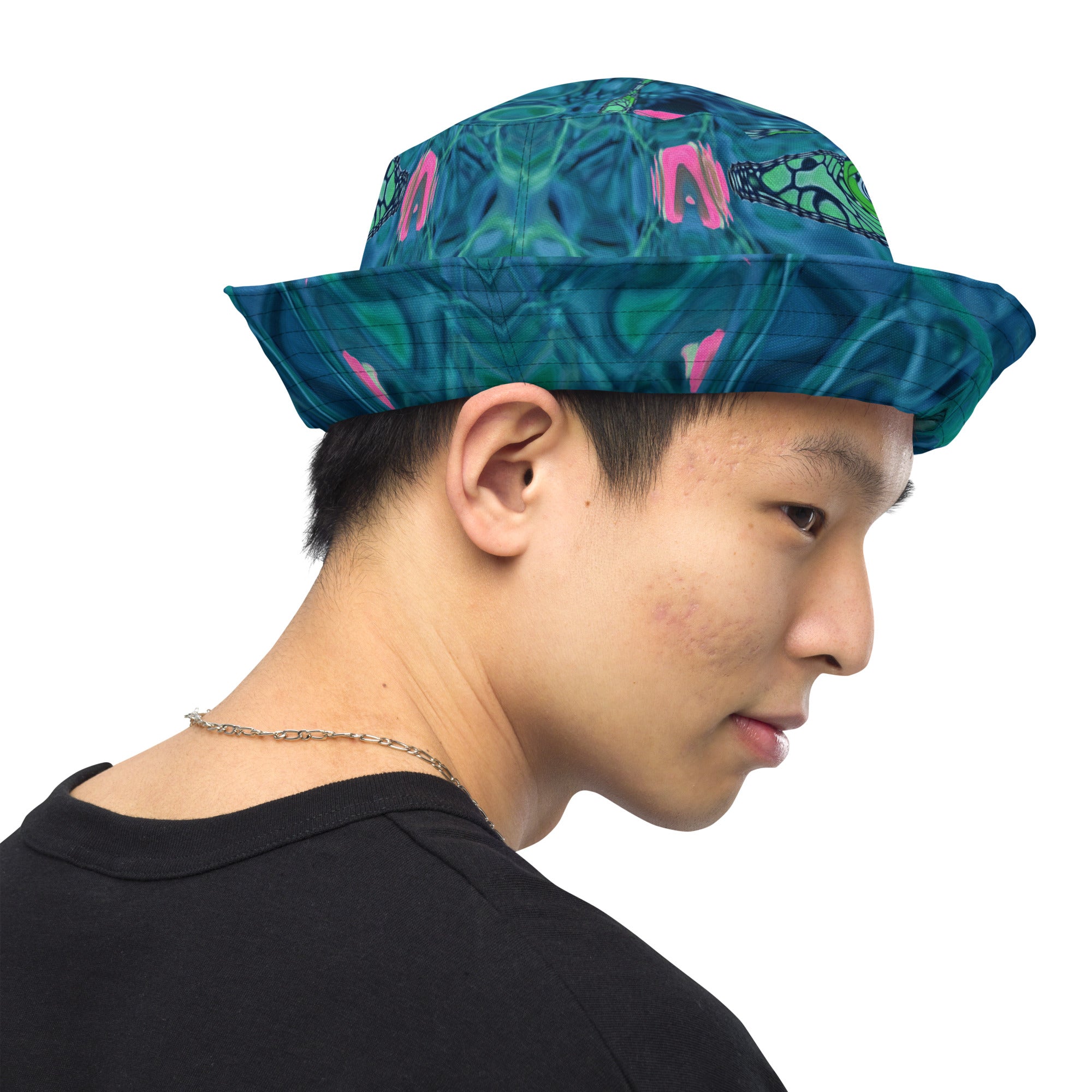 Reversible Bucket Hat | Cosmic Abstract Teal and Green Retro Ripples