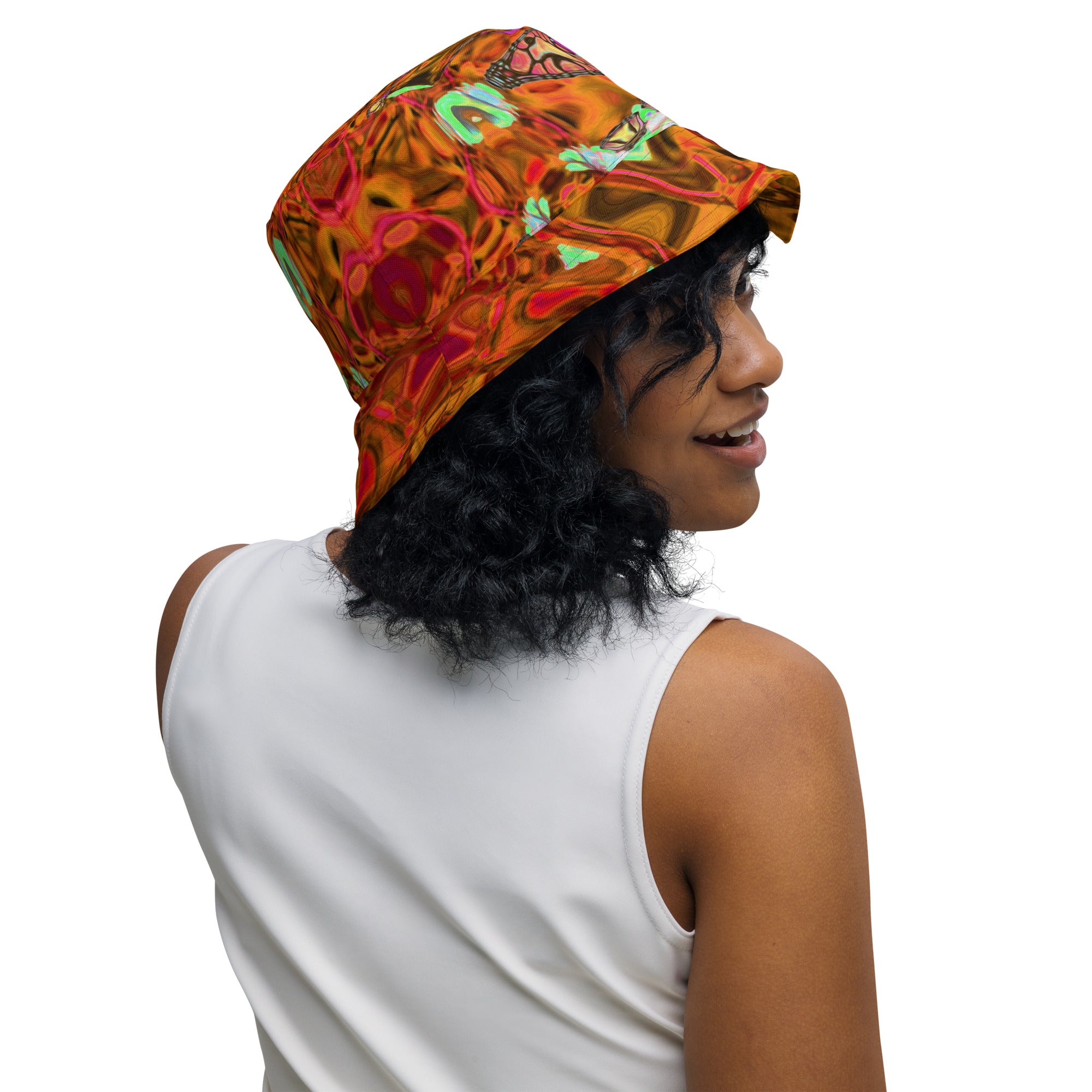 Reversible Bucket Hat | Cosmic Abstract Orange and Black Retro Ripples