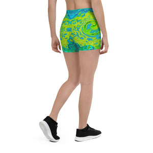 Spandex Shorts - Groovy Chartreuse and Aquamarine Liquid Swirl