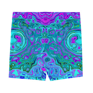 Spandex Shorts - Aquamarine and Magenta Cool Retro Liquid Swirl