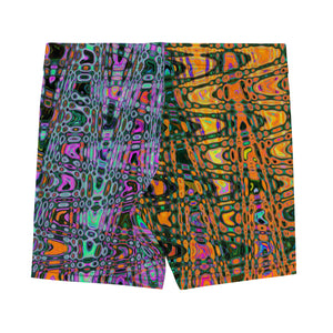 Spandex Shorts | Abstract Orange and Aqua Retro Boomerang Waves
