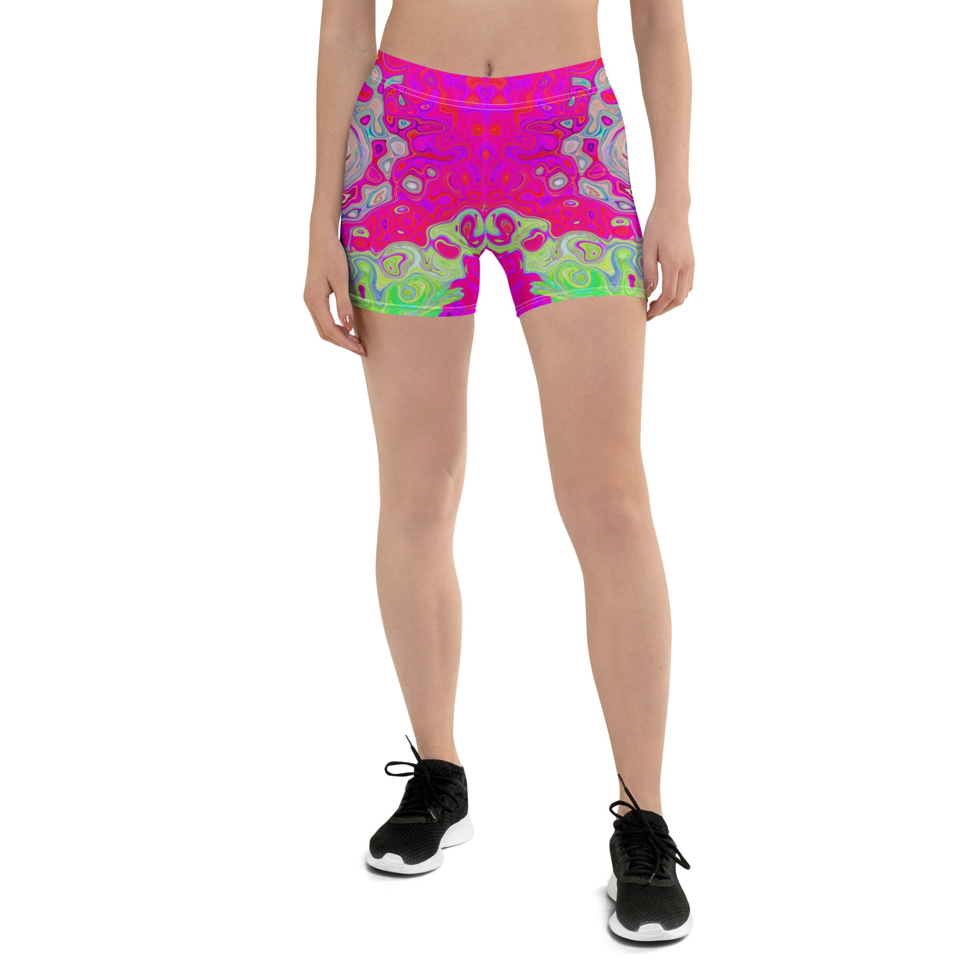 Spandex Shorts - Groovy Abstract Teal Blue and Red Swirl