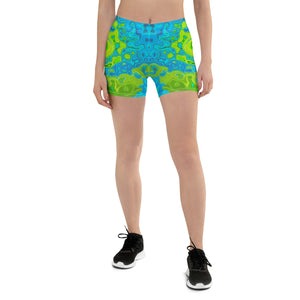 Spandex Shorts - Groovy Chartreuse and Aquamarine Liquid Swirl