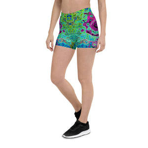 Spandex Shorts - Hot Pink and Blue Groovy Abstract Retro Liquid Swirl