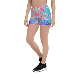 Spandex Shorts - Groovy Aqua Blue and Pink Abstract Retro Swirl