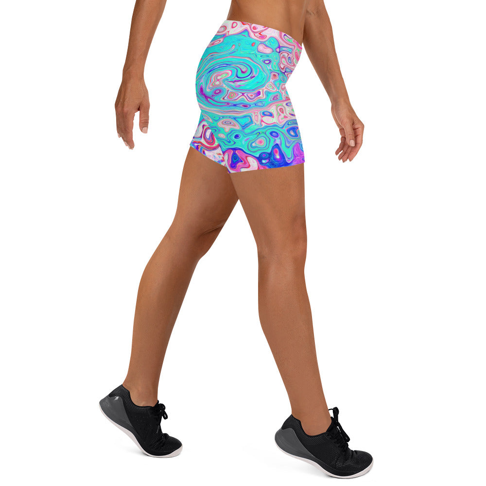 Spandex Shorts - Groovy Aqua Blue and Pink Abstract Retro Swirl