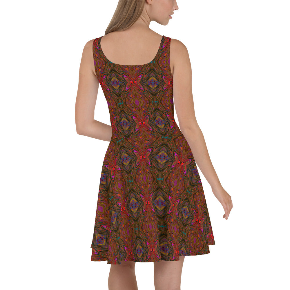 Flared Skater Dress - Abstract Trippy Orange and Magenta Butterfly