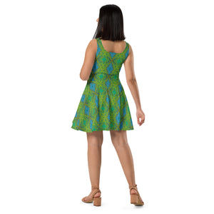 Flared Skater Dress - Trippy Chartreuse and Blue Abstract Butterfly