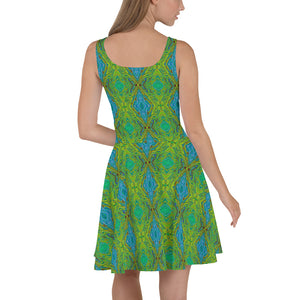 Flared Skater Dress - Trippy Chartreuse and Blue Abstract Butterfly
