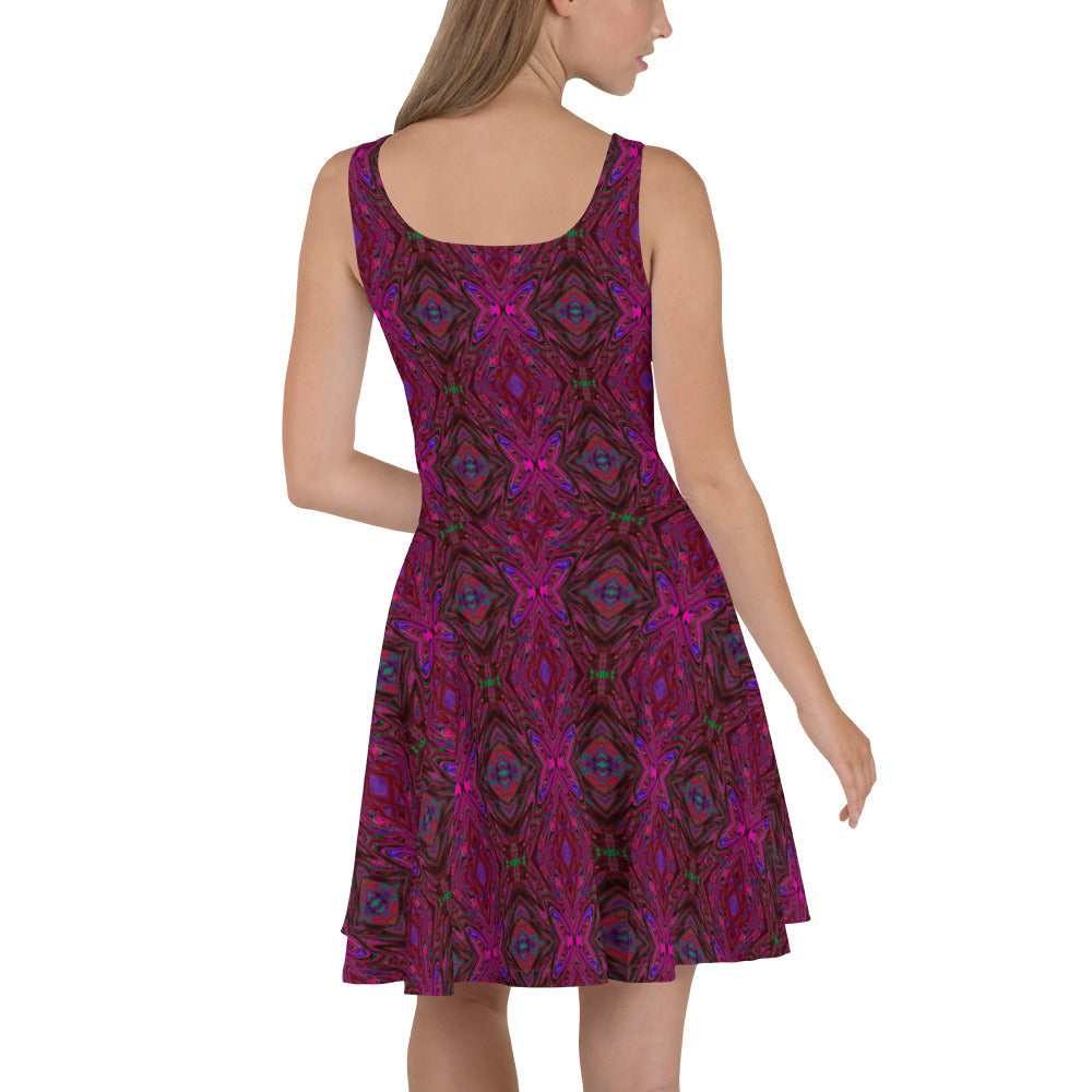 Flared Skater Dress - Trippy Hot Pink, Red and Blue Abstract Butterfly