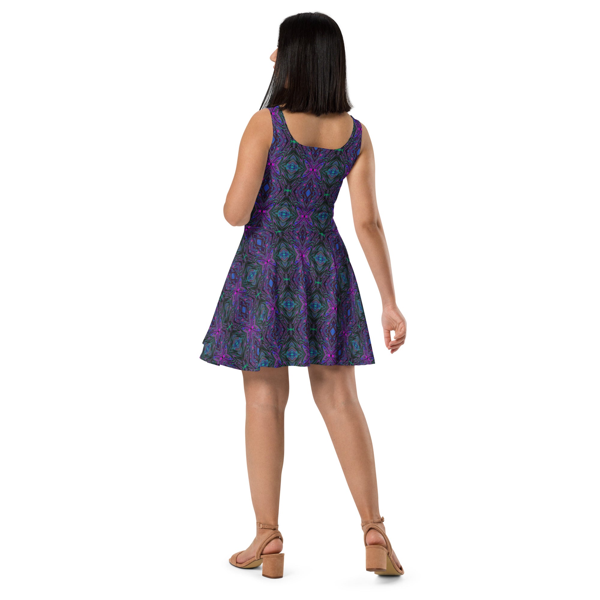Flared Skater Dress - Trippy Magenta, Blue and Green Abstract Butterfly