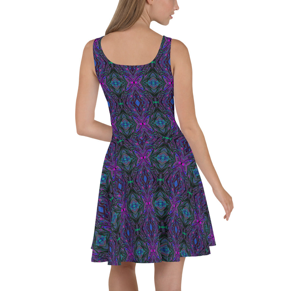 Flared Skater Dress - Trippy Magenta, Blue and Green Abstract Butterfly