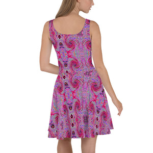 Flared Skater Dress - Cool Abstract Retro Hot Pink and Red Floral Swirl