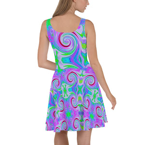 Flared Skater Dress - Groovy Abstract Red Swirl on Purple and Pink