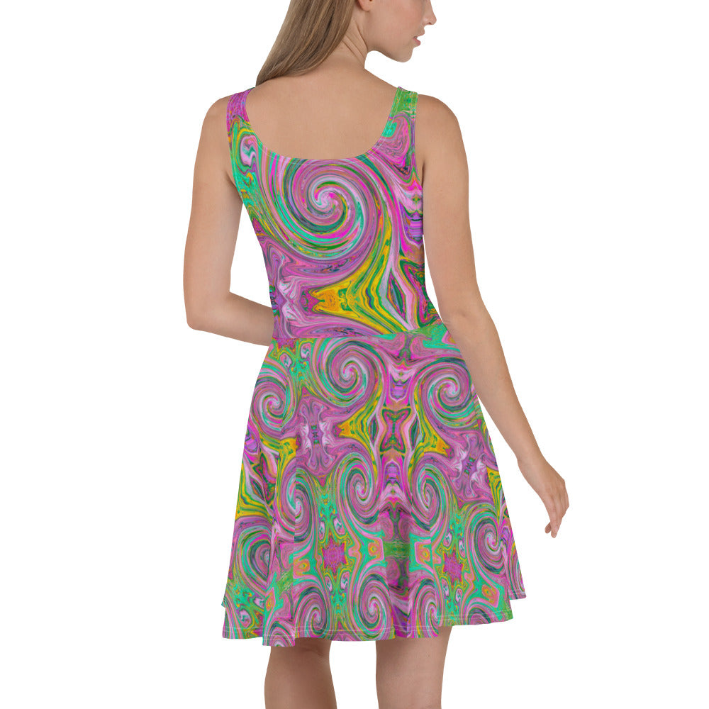Flared Skater Dress - Groovy Abstract Retro Pink and Mint Green Swirl