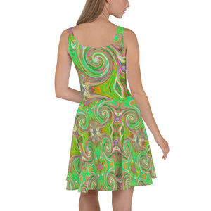 Flared Skater Dress - Groovy Abstract Retro Green and Hot Pink Swirl