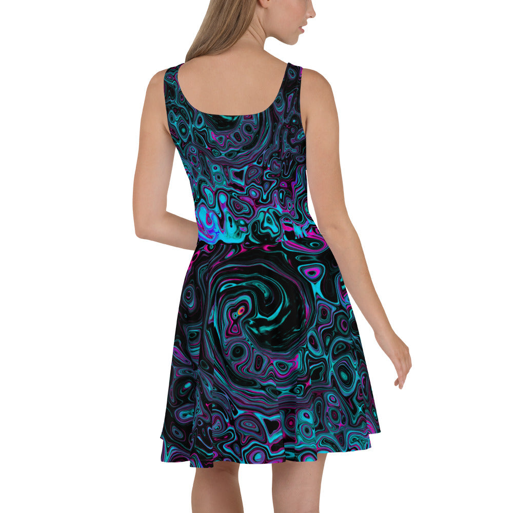 Flared Skater Dress - Retro Aqua Magenta and Black Abstract Swirl