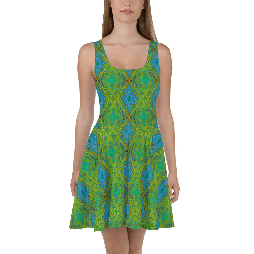 Flared Skater Dress - Trippy Chartreuse and Blue Abstract Butterfly