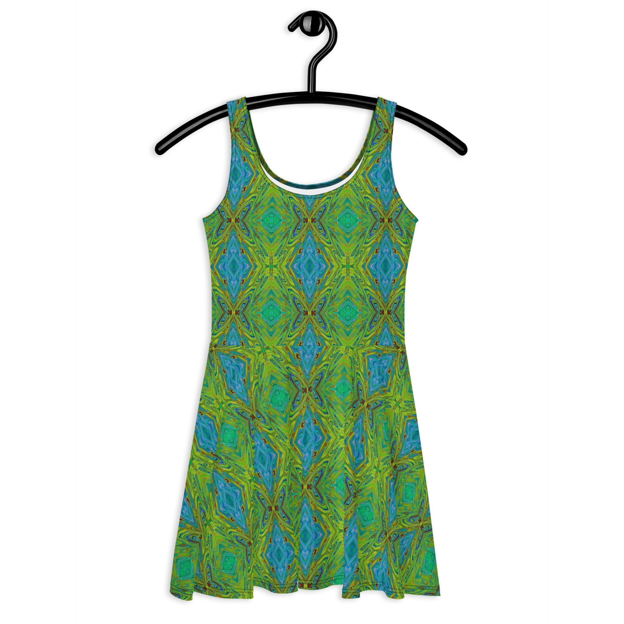 Flared Skater Dress - Trippy Chartreuse and Blue Abstract Butterfly