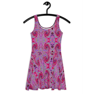 Flared Skater Dress - Cool Abstract Retro Hot Pink and Red Floral Swirl