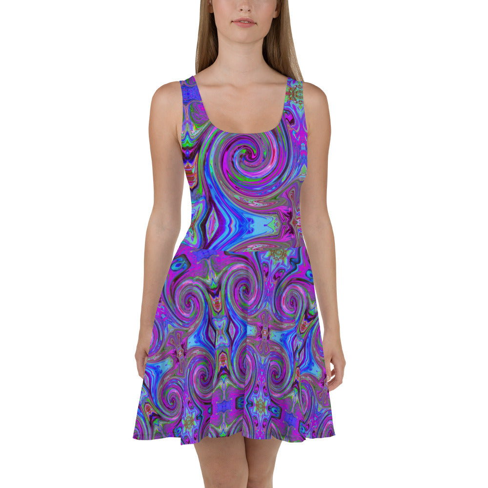 Flared Skater Dress - Colorful Magenta Swirl Retro Abstract Design
