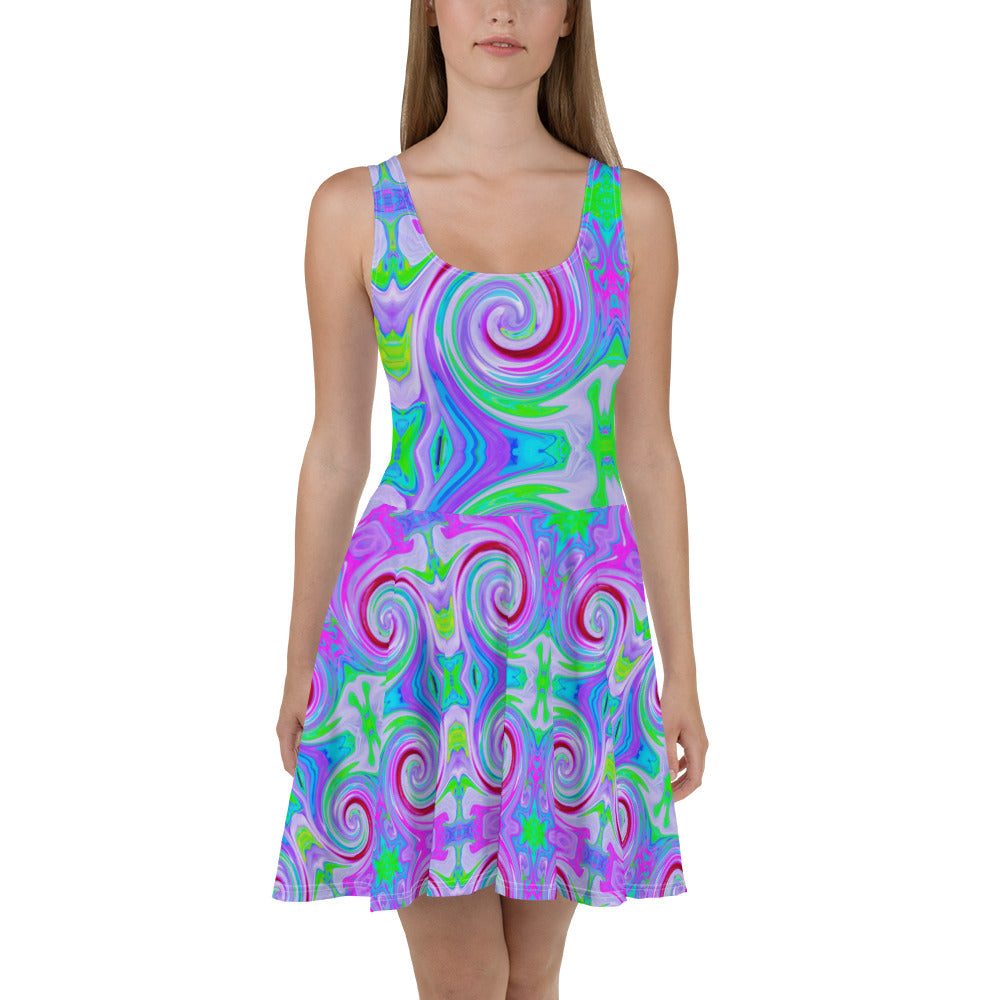 Flared Skater Dress - Groovy Abstract Red Swirl on Purple and Pink