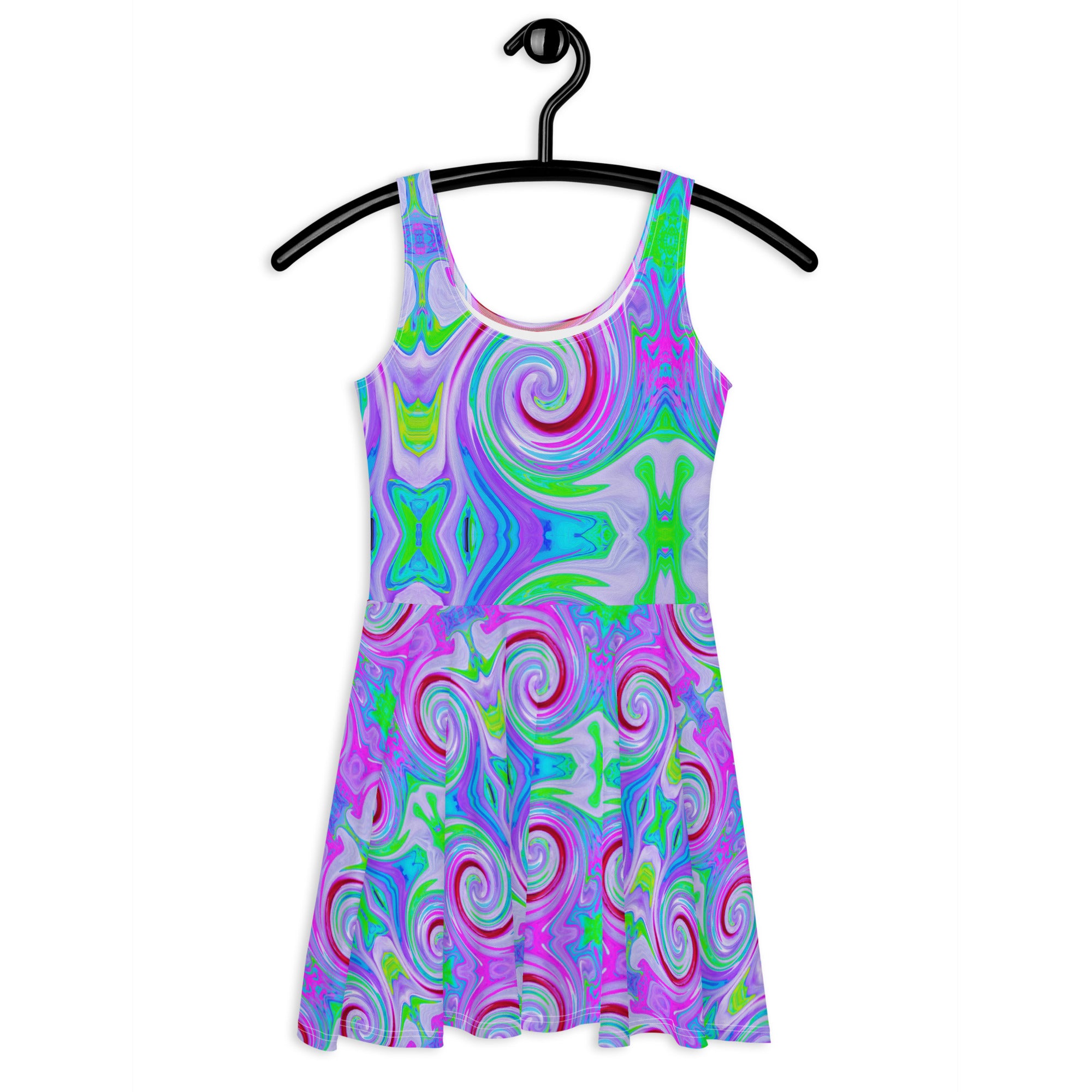 Flared Skater Dress - Groovy Abstract Red Swirl on Purple and Pink