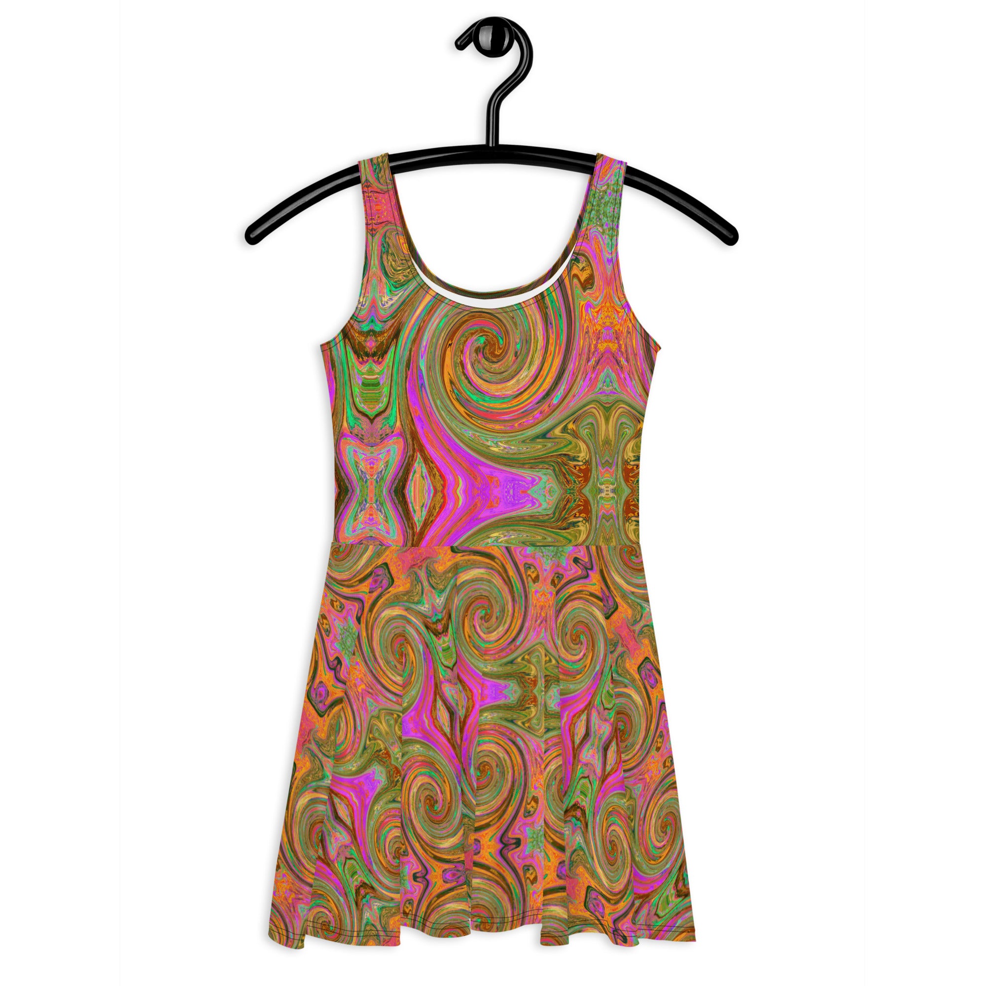 Flared Skater Dress - Groovy Abstract Retro Orange and Green Swirl