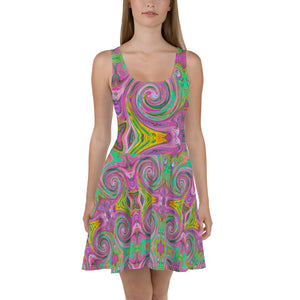 Flared Skater Dress - Groovy Abstract Retro Pink and Mint Green Swirl