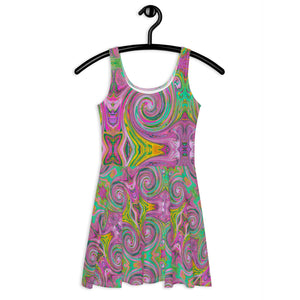 Flared Skater Dress - Groovy Abstract Retro Pink and Mint Green Swirl