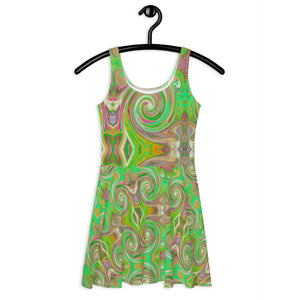 Flared Skater Dress - Groovy Abstract Retro Green and Hot Pink Swirl