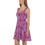 Flared Skater Dress - Cool Abstract Retro Hot Pink and Red Floral Swirl