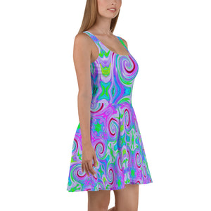 Flared Skater Dress - Groovy Abstract Red Swirl on Purple and Pink