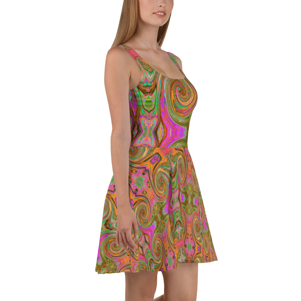 Flared Skater Dress - Groovy Abstract Retro Orange and Green Swirl