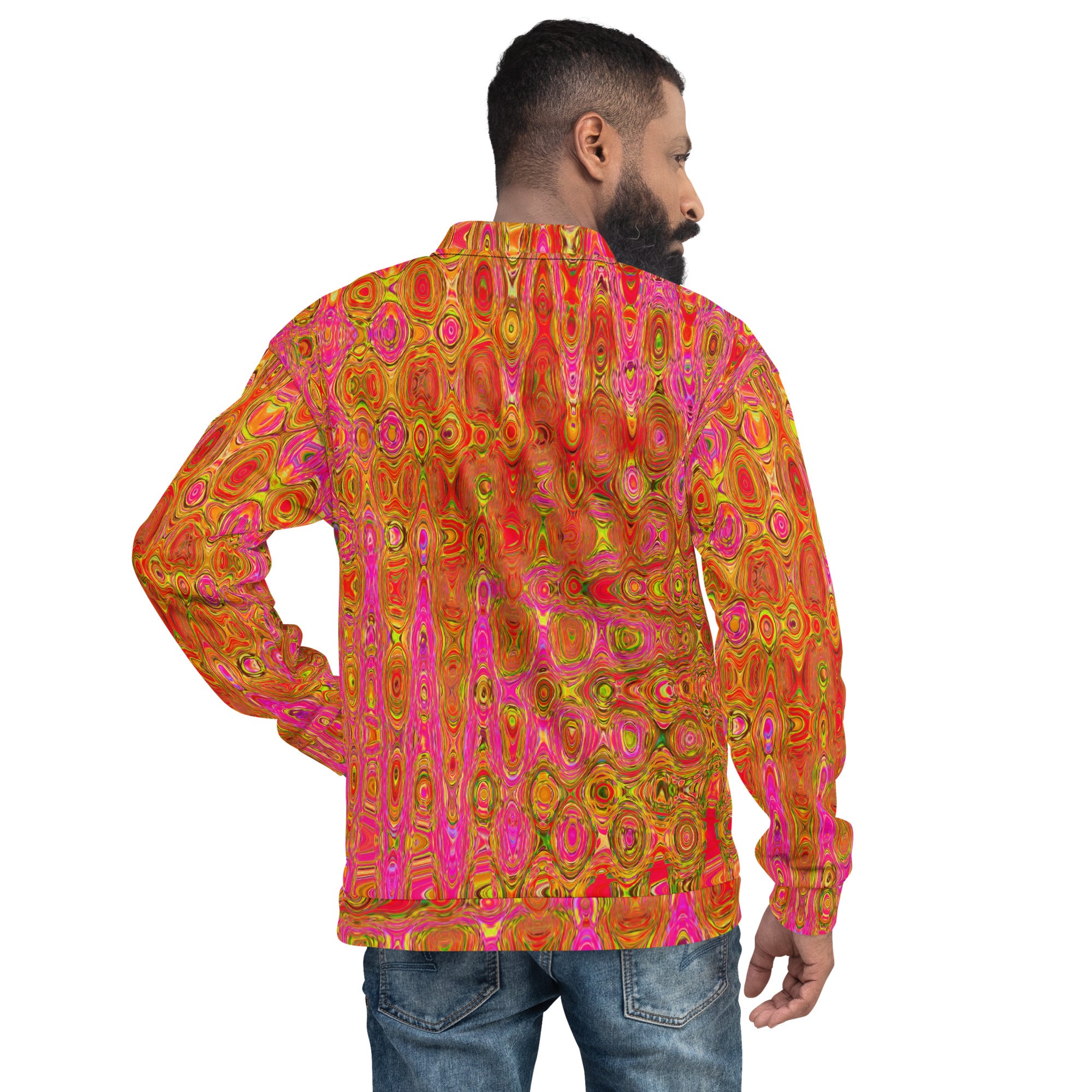Unisex Bomber Jacket | Cool Abstract Red and Yellow Atomic Retro Zigzags