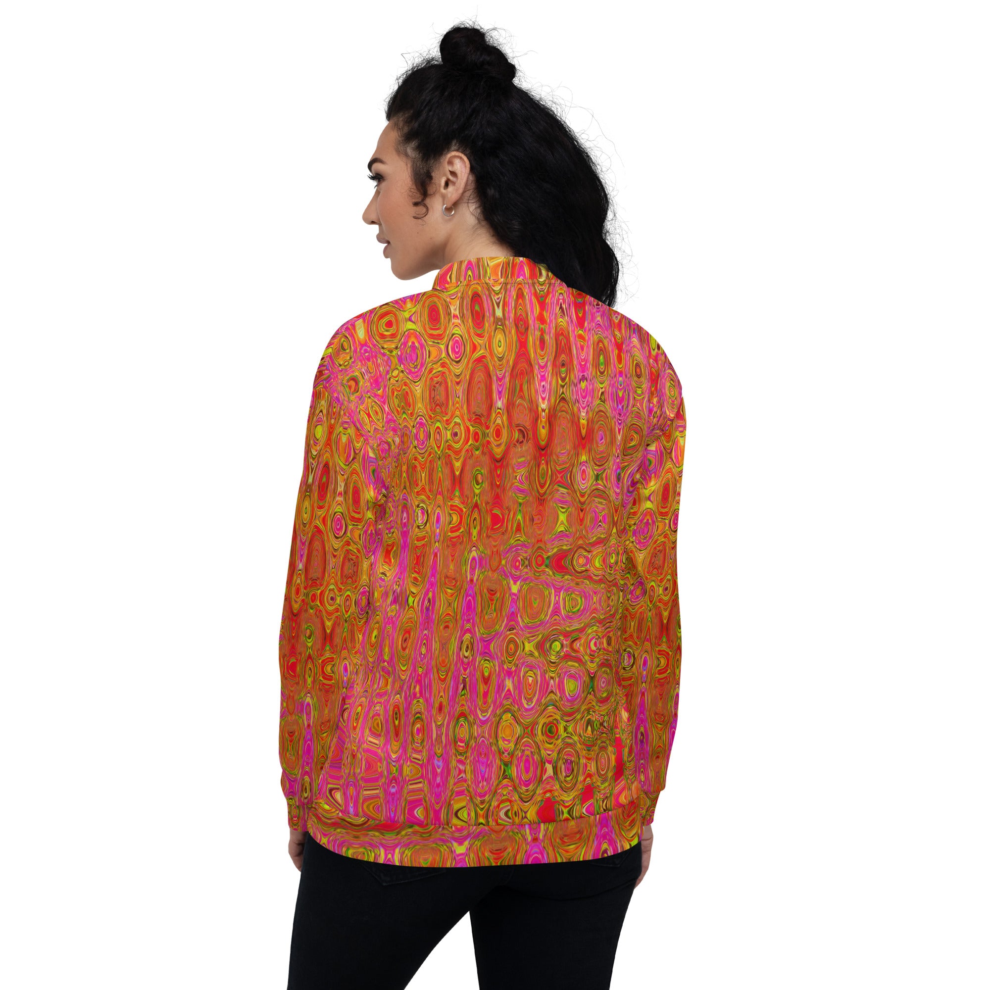Unisex Bomber Jacket | Cool Abstract Red and Yellow Atomic Retro Zigzags