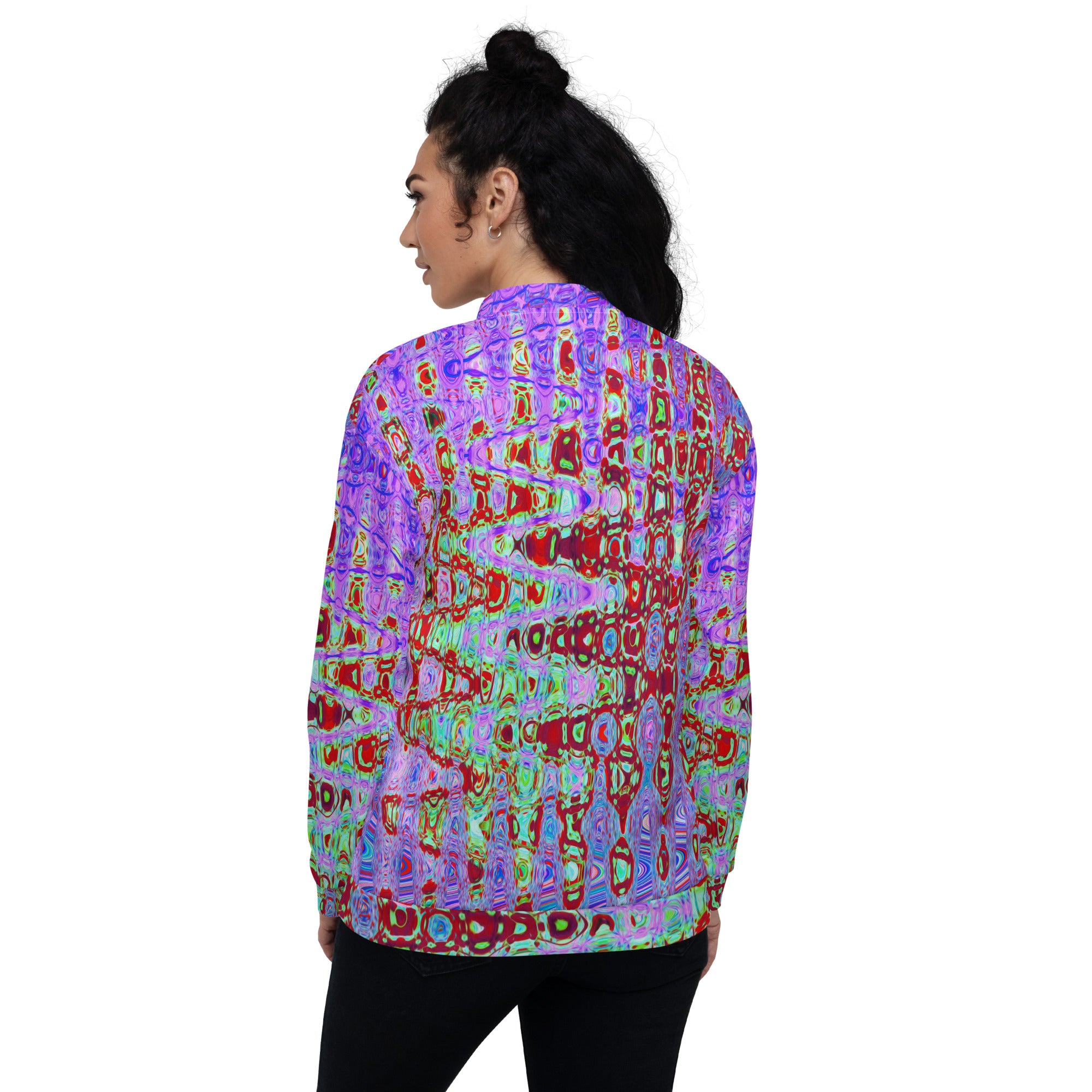 Unisex Bomber Jacket | Wavy Abstract Red and Purple Retro Mosaic Zigzags