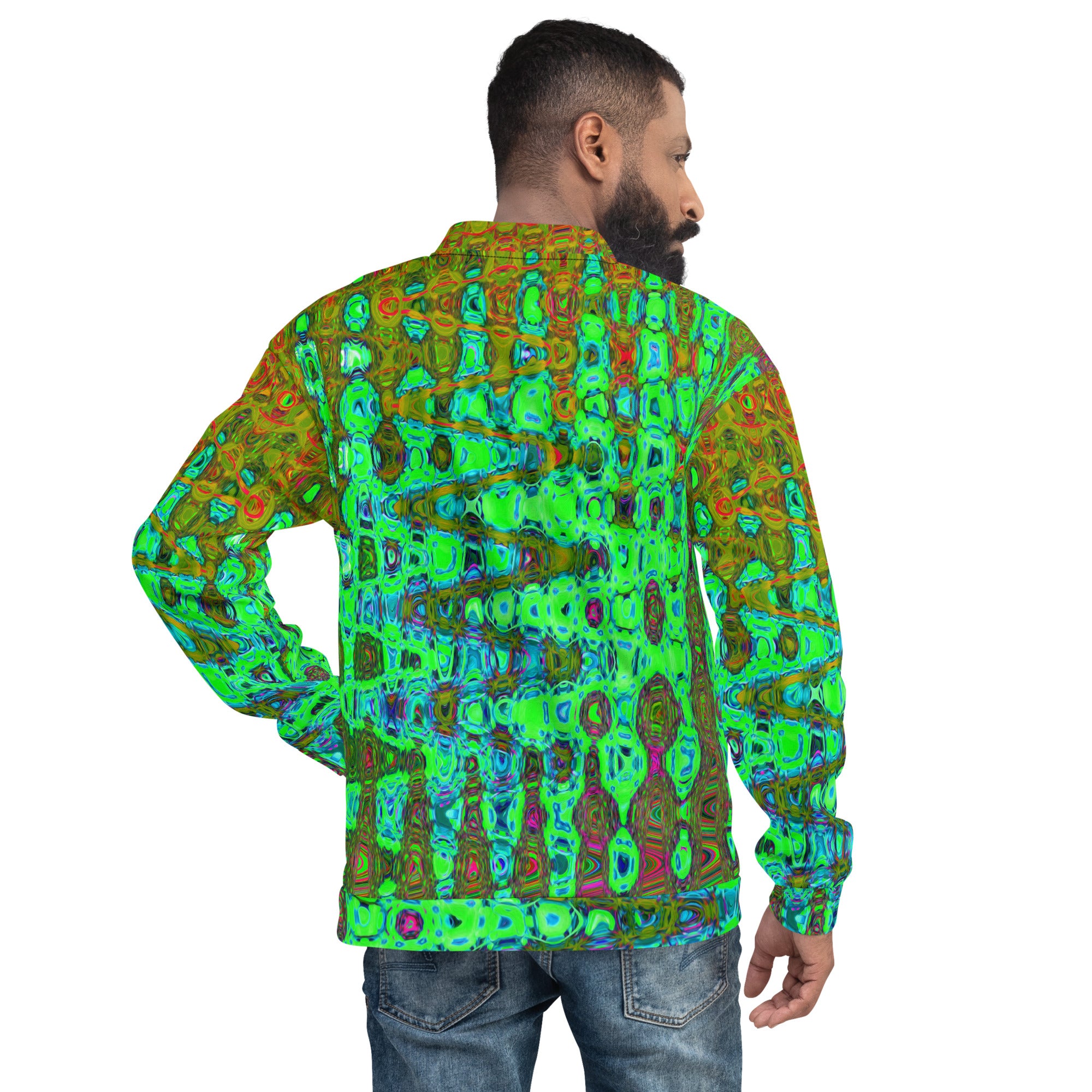 Unisex Bomber Jacket | Wavy Abstract Lime Green Retro Mosaic Zigzags