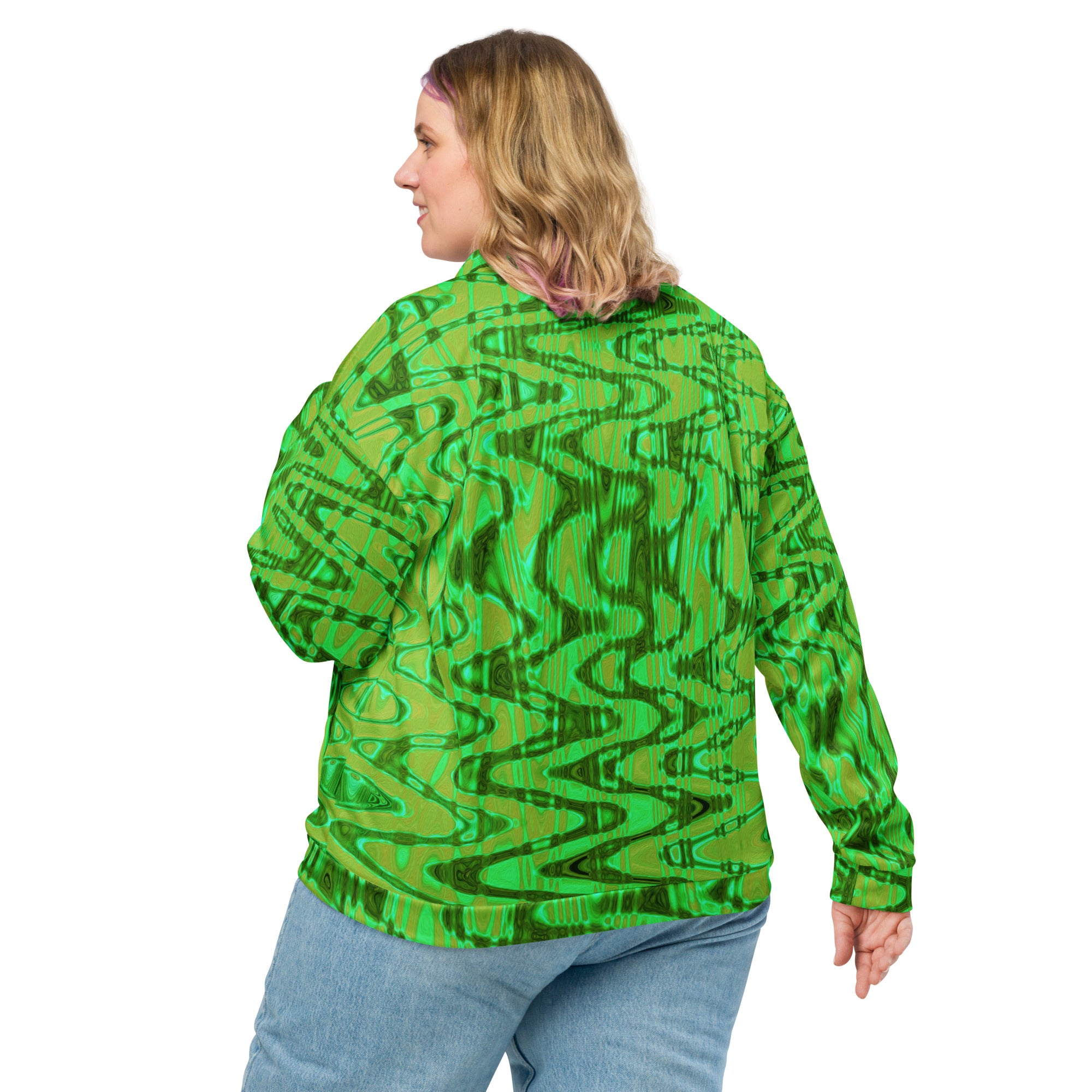 Unisex Bomber Jacket | Cool Green and Gold Abstract Tie Dye Retro Waves