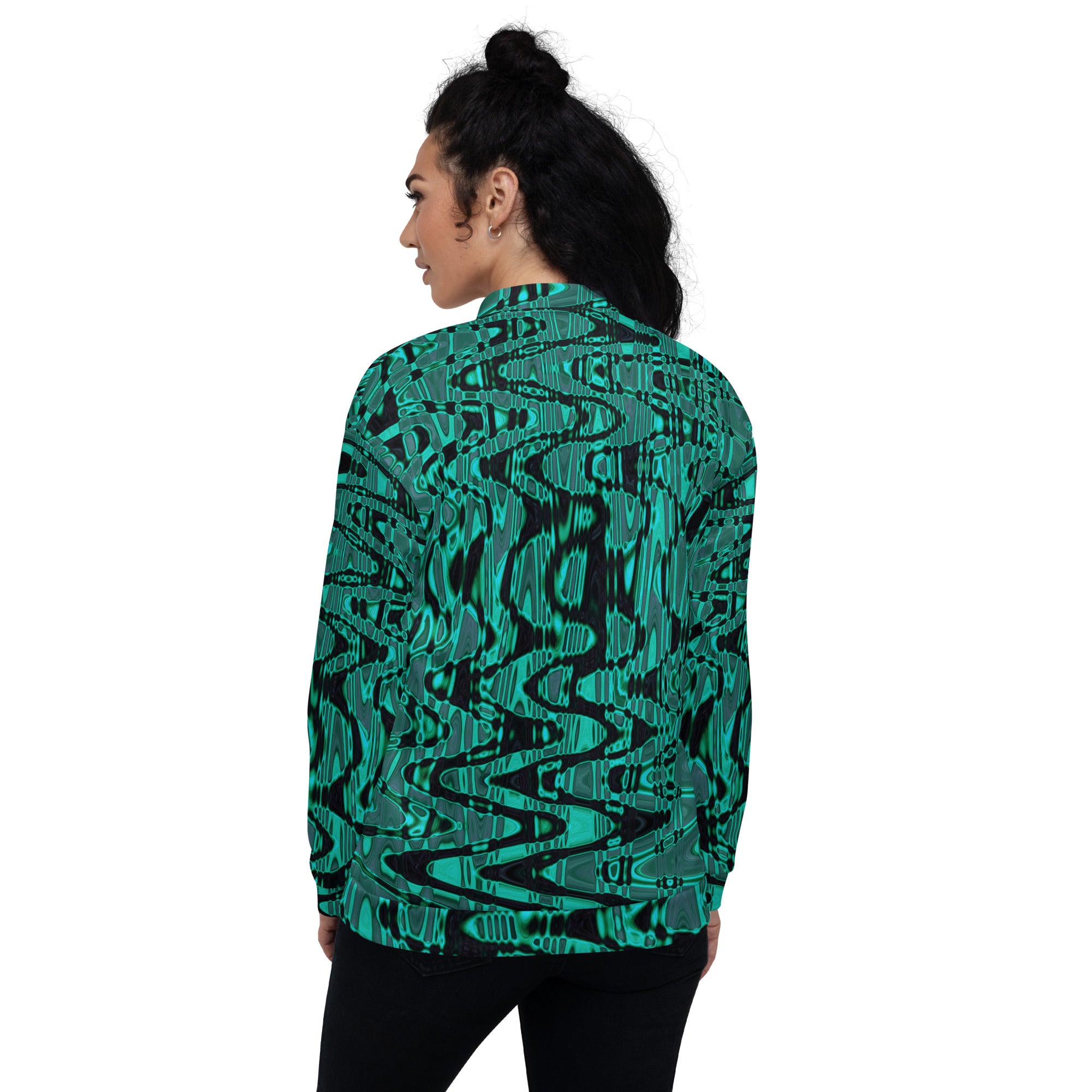 Unisex Bomber Jacket | Cool Black and Green Abstract Tie Dye Retro Waves