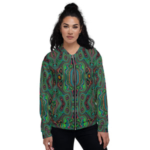 Unisex Bomber Jacket | Trippy Retro Black and Lime Green Abstract Pattern