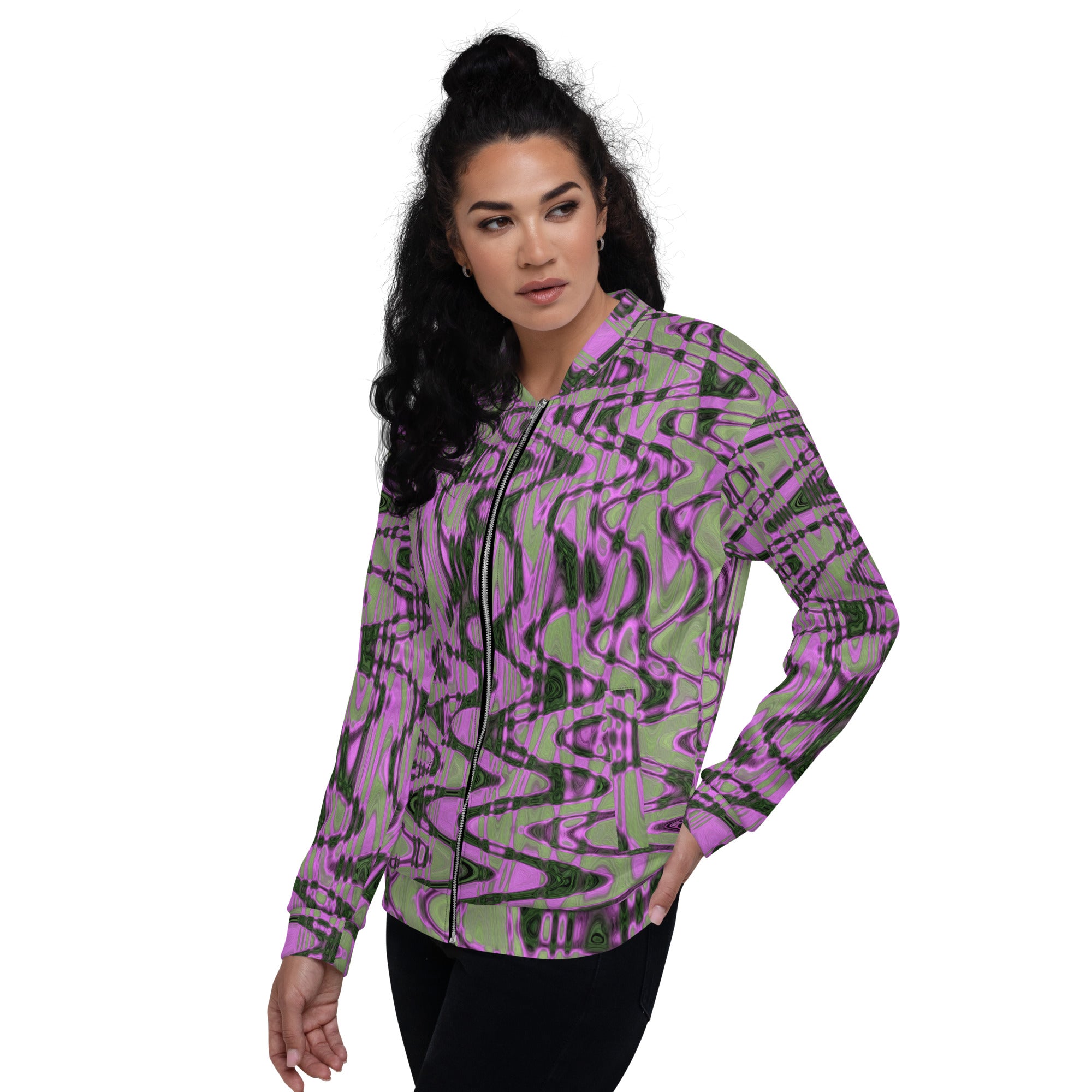 Unisex Bomber Jacket | Cool Green and Pink Abstract Tie Dye Retro Waves