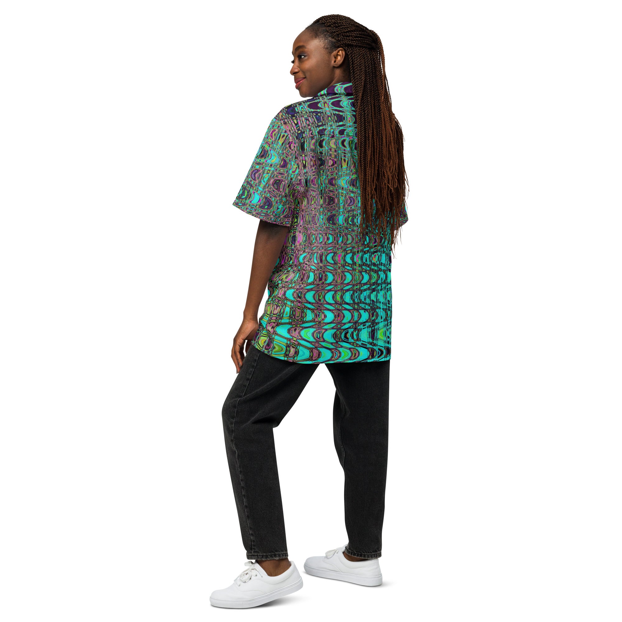 Unisex Button Shirt | Abstract Kaleidoscopic Aqua Retro Boomerang Waves