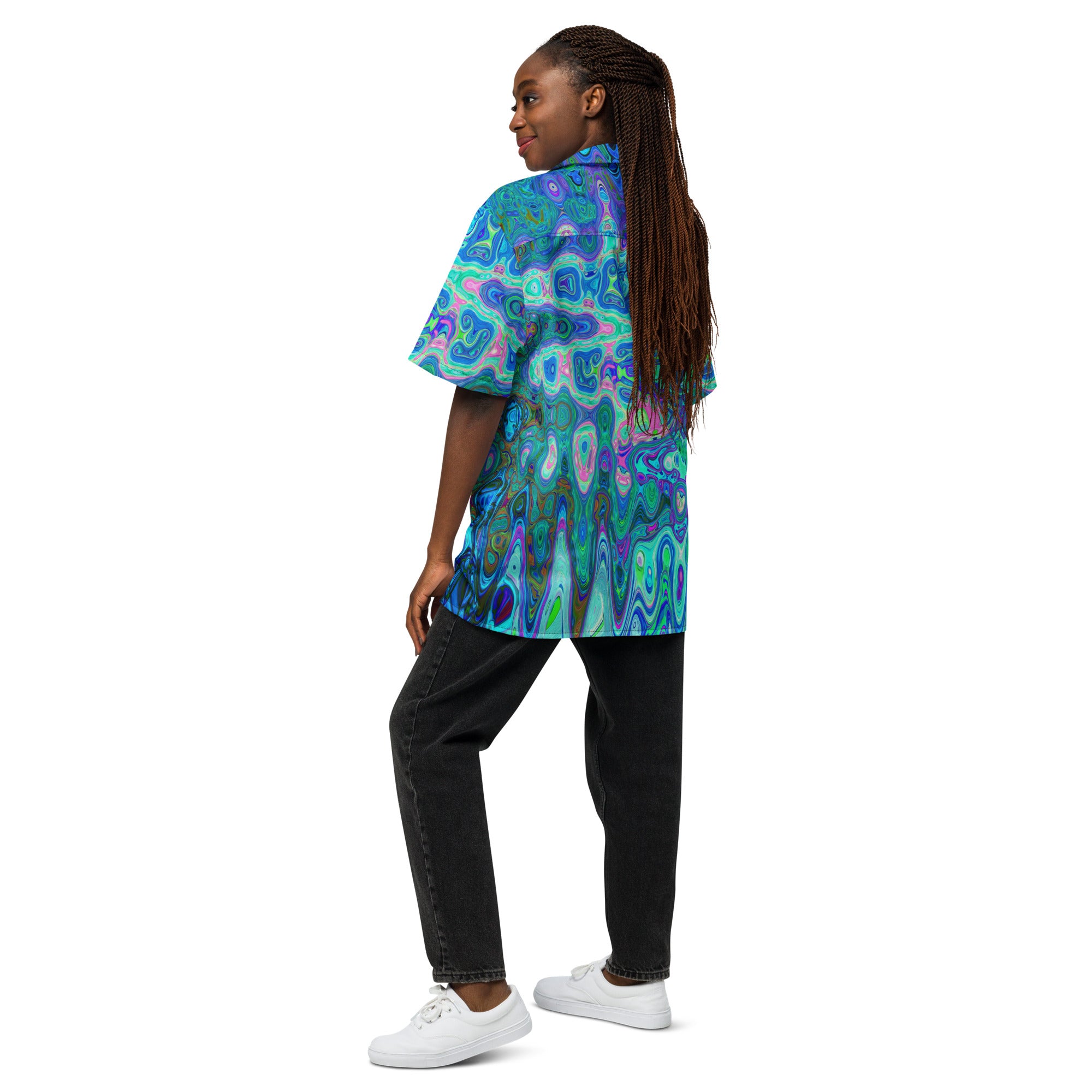 Unisex Button Shirt | Abstract Colorful Blue Wavy Mosaic Retro