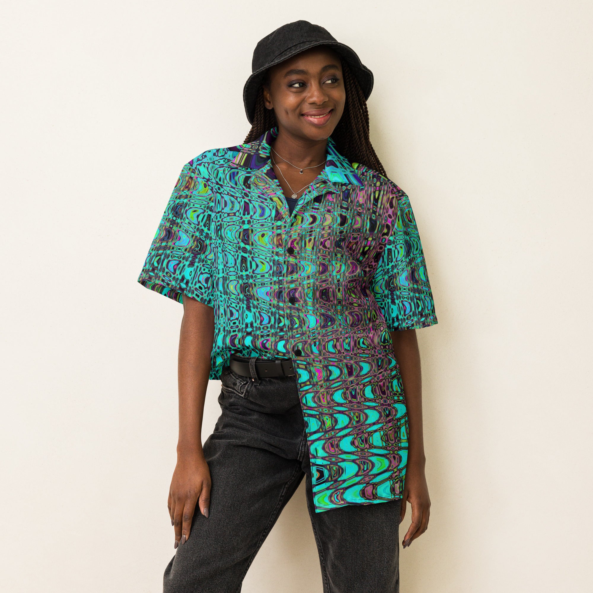 Unisex Button Shirt | Abstract Kaleidoscopic Aqua Retro Boomerang Waves