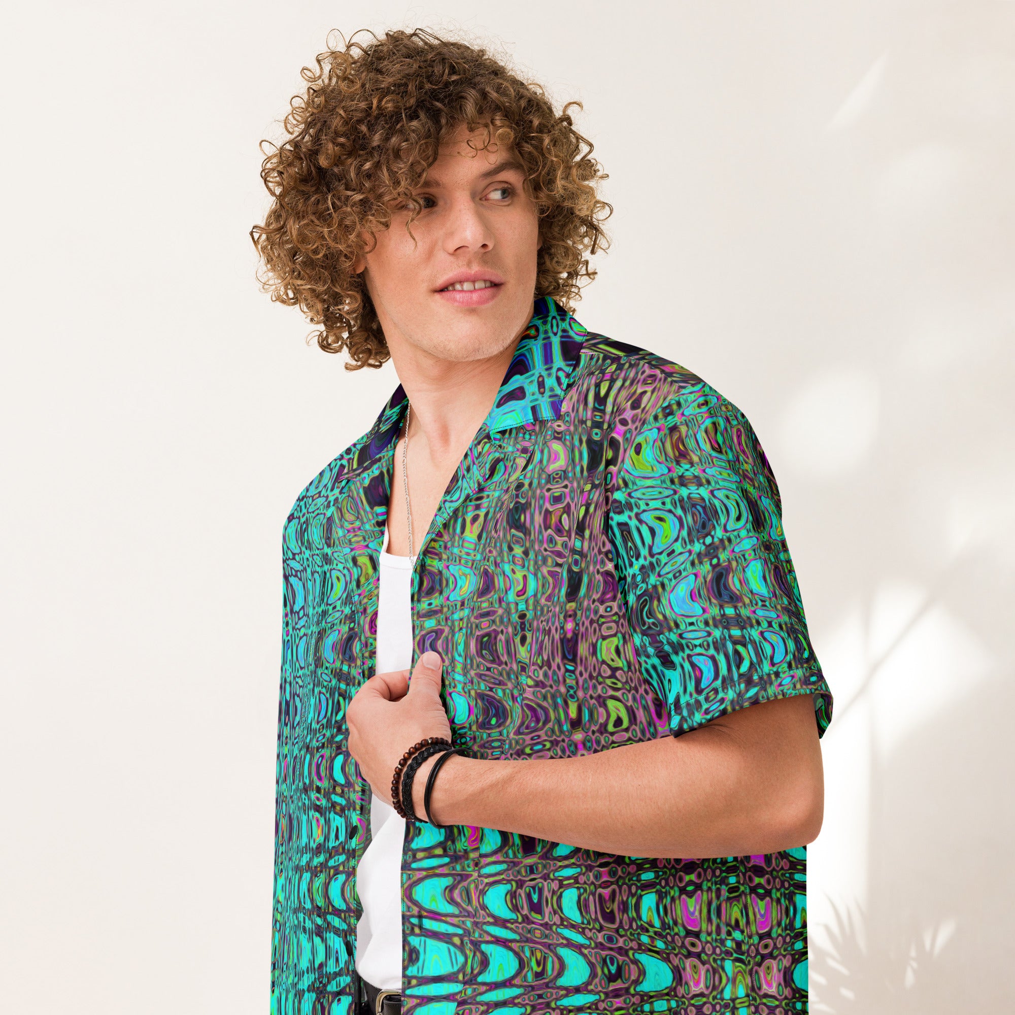 Unisex Button Shirt | Abstract Kaleidoscopic Aqua Retro Boomerang Waves